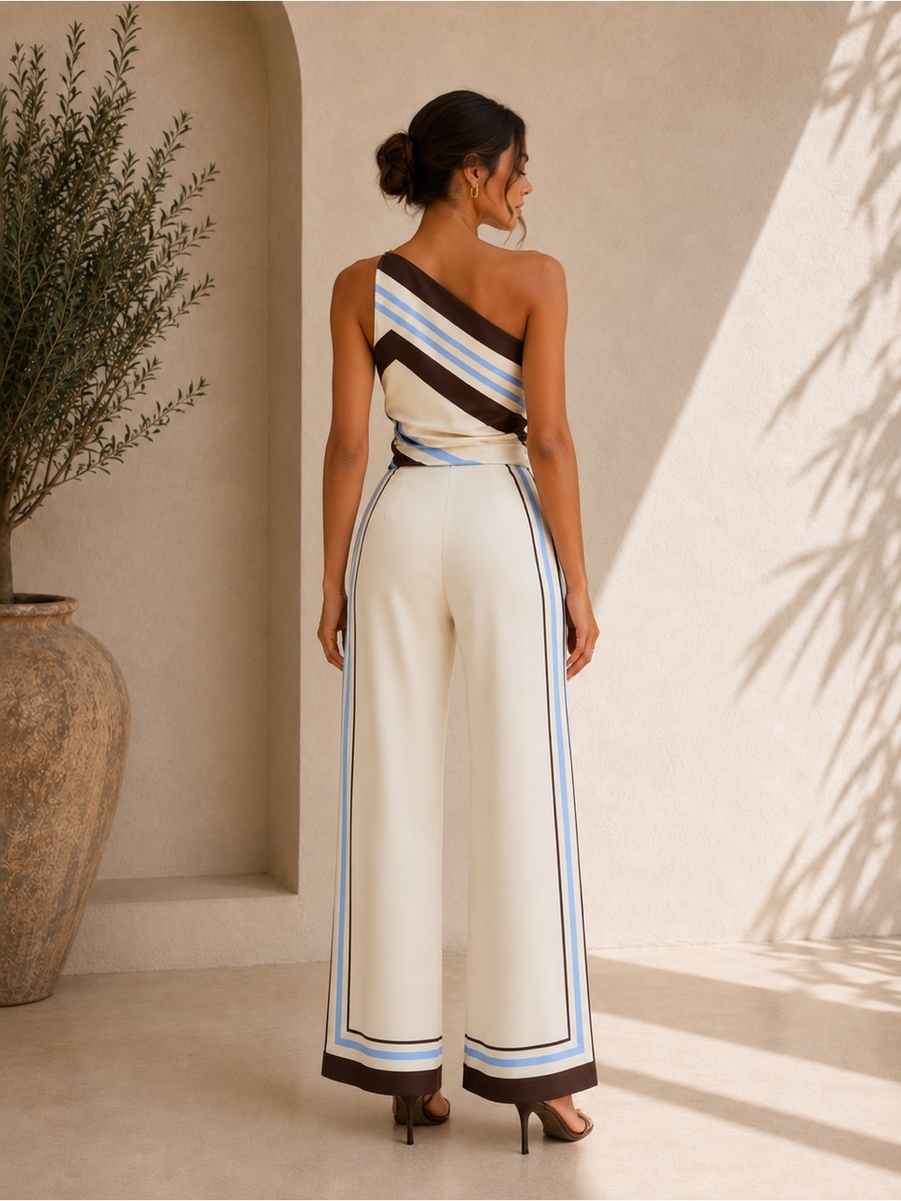 Commense One-Shoulder Striped Cream, Brown & Light Blue Jumpsuit - Picture 2 of 7